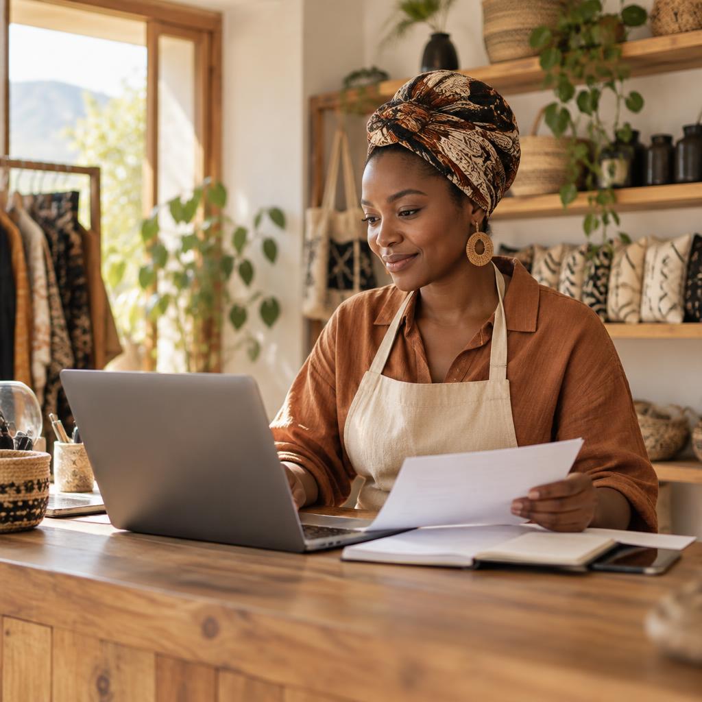 A South African small business owner reviewing financial insights on a laptop